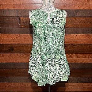 Collections Etc. V Neck Pleated Floral Paisley Print Green Tank Top